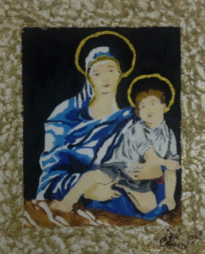 Loredana Aimi Madonna col Bambino cm 24x30 tec acrilico. e malta su tela