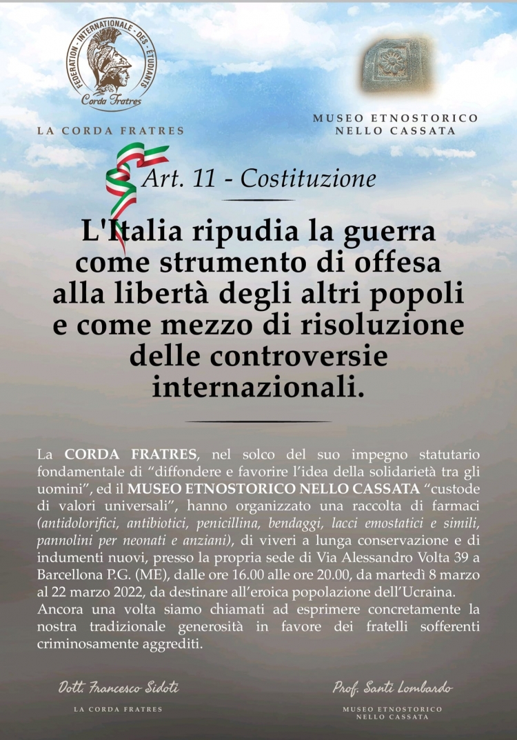 Barcellona Pozzo di Gotto: la concreta solidarietà della Corda Fratres e del Museo Cassata per l’Ucraina