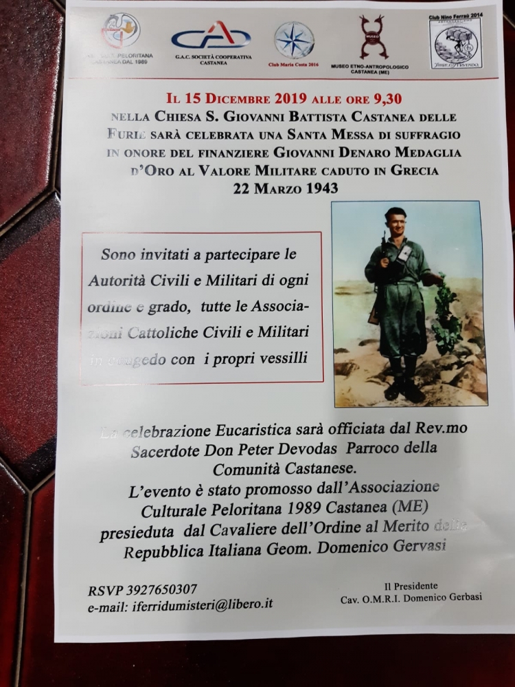 S. Messa  giorno 15 dicembre in onore di Giovanni Denaro M.O al Valor Militare