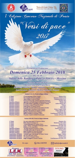 CERIMONIA DI PREMIAZIONE DELLA I° EDIZIONE DEL CONCORSO NAZIONALE DI POESIA “VERSI DI PACE” 2017. Domenica 25 Febbraio 2018, ore 16:30, Salone delle Bandiere di Messina