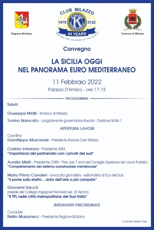 Milazzo (Me) 11 febbraio 2022, ore 17.15 Convegno la Sicilia Oggi nel panorama euro mediterraneo.