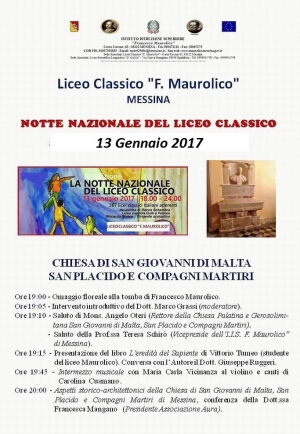 Messina - ASSOCIAZIONE AURA “Notte Nazionale del Liceo Classico” a San Giovanni di Malta Venerdì 13 Gennaio dalle 18.00 alle 22.00