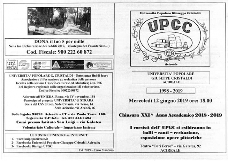L&#039;Universita&#039; Popolare Giuseppe Cristaldi  ad Acireale giorno 12 giugno ore 18.00 - Un programma straordinario