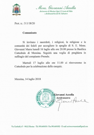 LUNEDÌ 16 LUGLIO, UNA VEGLIA DI PREGHIERA PER S.E. MONS. GIOVANNI MARRA