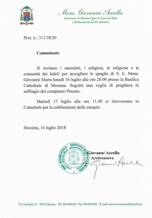 LUNEDÌ 16 LUGLIO, UNA VEGLIA DI PREGHIERA PER S.E. MONS. GIOVANNI MARRA