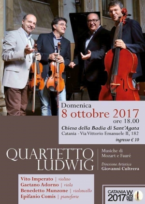 SABATO 10 OTTOBRE ore 18.00, &#039;MOZART E LA MUSICA FRANCESE DI FAURE&#039;&#039; &#039;QUARTETTO LUDWIG&#039; Vito Imperato, violino - Epifanio Comis, pianoforte - Gaetano Adorno, viola - Benedetto Munzone, violoncello