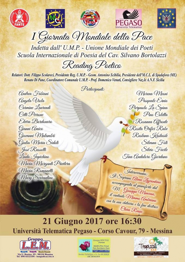 I GIORNATA MONDIALE DELLA PACE – UNIONE MONDIALE DEI POETI (U.M.P.) SCHOOL OF POETRY – SCUOLA DI POESIA INTERNAZIONALE DEL CAV. SILVANO BORTOLAZZI – con Sede a Recco (GE)