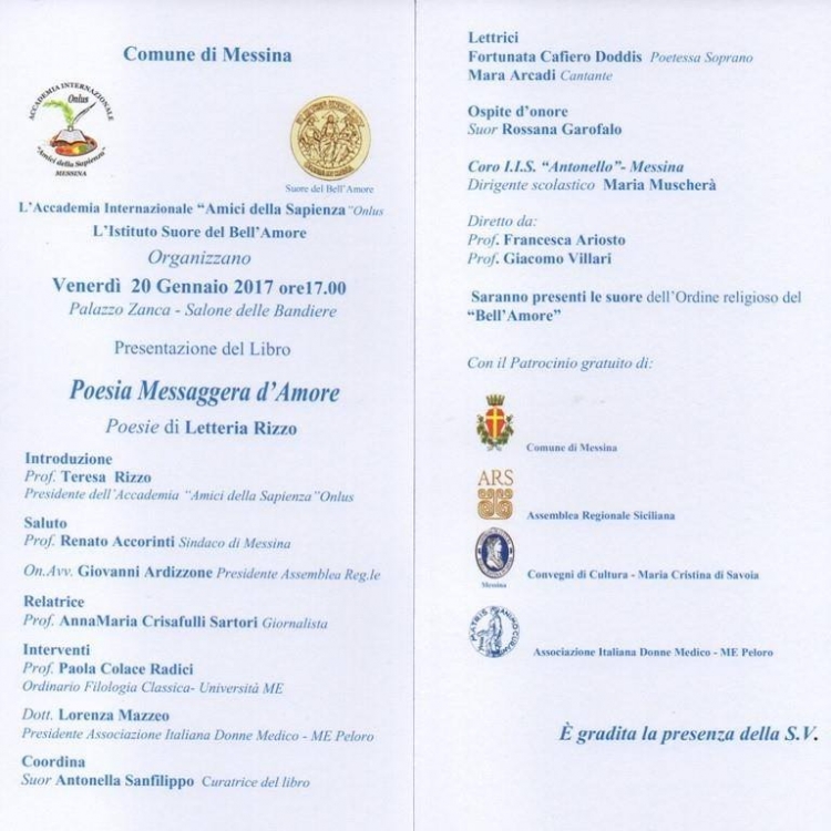 Messina - Venerdì 20 gennaio 2017 presentazione del libro &quot;Poesia Messaggera d&#039;Amore&quot;