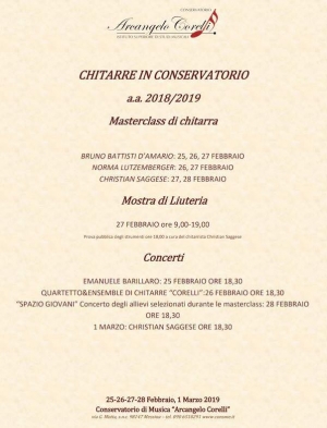 Venerdi 1 marzo   ore 18.30 presso l’Auditorium del Conservatorio di Messina “Arcangelo Corelli”, il chitarrista Christian Saggese terrà un concerto ad ingresso libero.